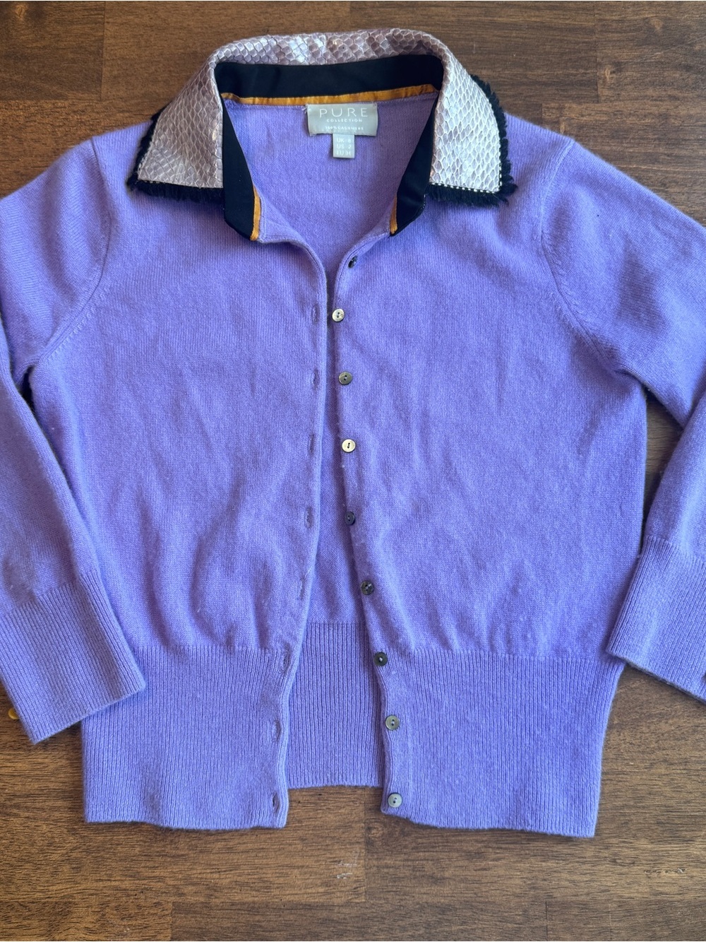 PURE Collection 100% Cashmere Purple Cardigan Custom Exotic Skin Collar Sz 2